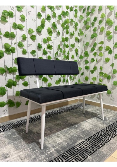 Özcan Metal Beyaz Metal Ayaklı Sırtlı Siyah Mutfak Salon Antre Yatak Odası Puf Bank Oturak Bench Lacivert