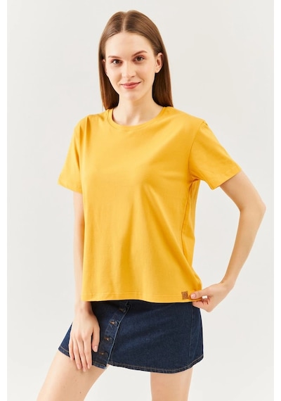 Kadın Oversize Rahat %100 Pamuklu Penye Bisiklet Yaka Kısa Kol Basic T-shirt Hardal