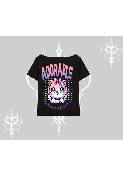 Startmore Startmore Adorable Kawaii Kedi Arka Baskılı Kayık Yaka Tshirt Siyah