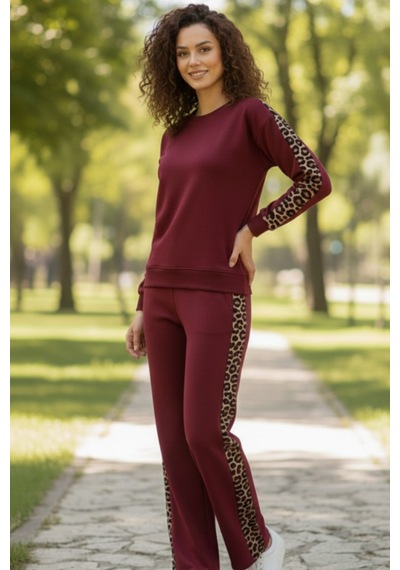 Trend Alisse Bisiklet Yaka Leopar Garnili Esnek Cepli Modal Takım Bordo
