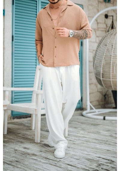 Tarz Cool Erkek Krep Kumaş Oversize Gömlek Krem