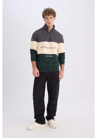 DeFacto Relax Fit Dik Yaka Fermuarlı Baskılı Kalın Sweatshirt D2562AX24AUAR63