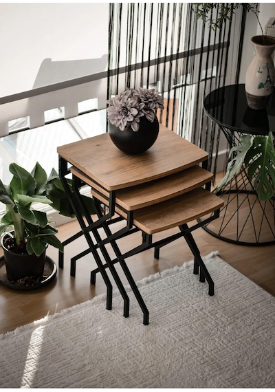 Modern Estetik Minimalist Çok Amaçlı Siyah Metal Ayak 3'lü Doğal Ahşap Zigon Sehpa Siyah