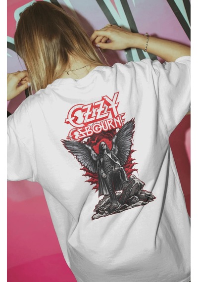 Ozzy Osbourne Black Sabbath Rapper Şarkıcı Baskılı Unisex Oversiz Beyaz