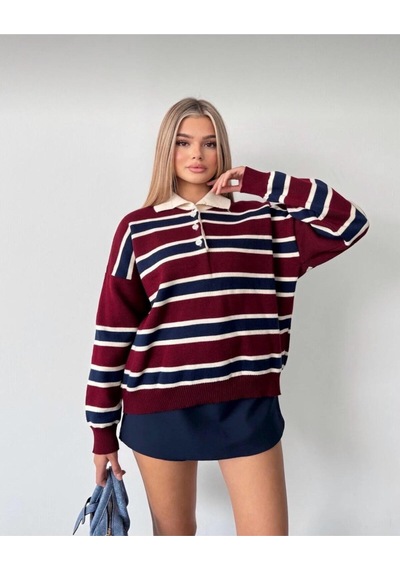 Kadın Çizgili Polo Yaka Oversize Triko Kazak Bordo
