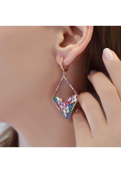 Renkli Baget Taşlı Rose Gold Kaplama Gümüş Küpe Gümüş