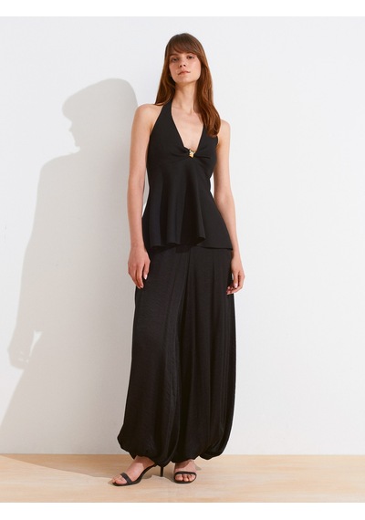 Dilvin 10787 Halter Yaka Metal Detaylı Peplum Triko Bluz-siyah Siyah