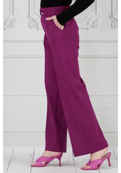 Sevitli Kemeri Düğme Detaylı Bol Paça Pantolon-mürdüm-3708-mürdüm Mürdüm