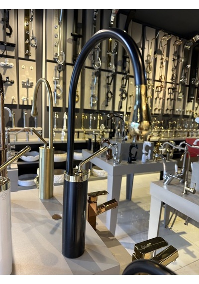 İsaoğlu Yapı Çanak Lavabo Bataryası Gold Siyah Lavabo Musluğu Drop Design Gold Lavabo Armatür Gold