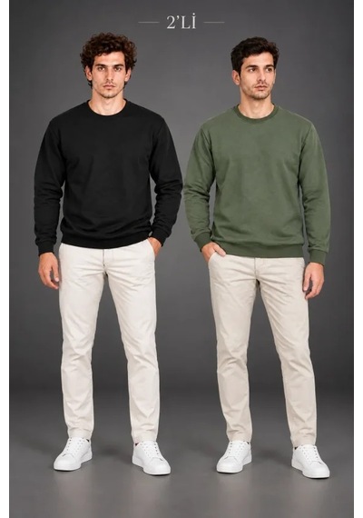 Modi Erkek 2li Bisiklet Yaka İçi Şardonlu 2 İplik Düz Uzun Kollu Regular Fit Sweatshirt - Siyah - Haki Çok Renkli Xl