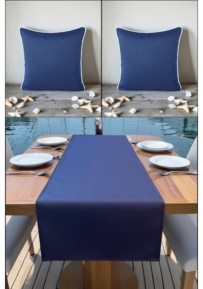 Marin Runner 145x40 Ve 2 Li 45x45 Kırlent Seti Su Geçirmez Outdoor Keten Tekne Bahçe Salon Ve Balkon Lacivert