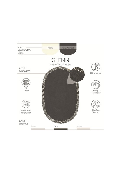 Cool Halı Glenn Antrasit Oval Pamuklu Kilim Leke Tutmaz Çift Taraflı Yıkanabilen Bohem Mutfak Kilimi