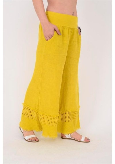 Eren Style İtalyan Fisto Paça Detaylı Keten Pantolon-9893 Sarı