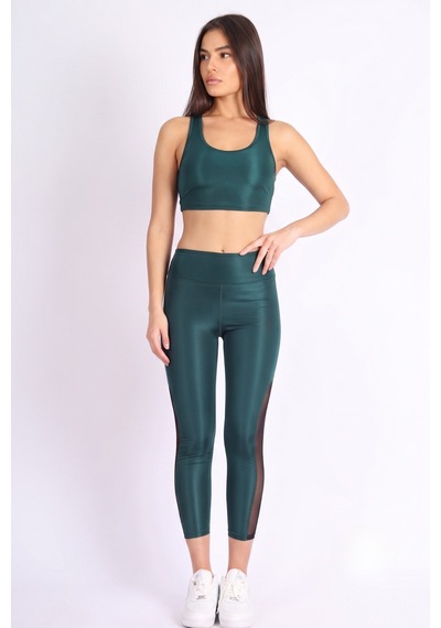 Soft&Basic Kadın Tayt Takım Polyester Paçası Tül Detaylı Yüksek Bel Tayt Ve Bralet Yeşil