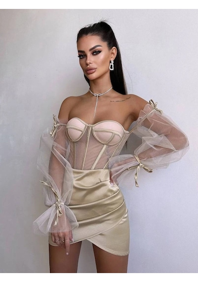 Havens Rosalıne Tül & Saten Detaylı Elbise Krem