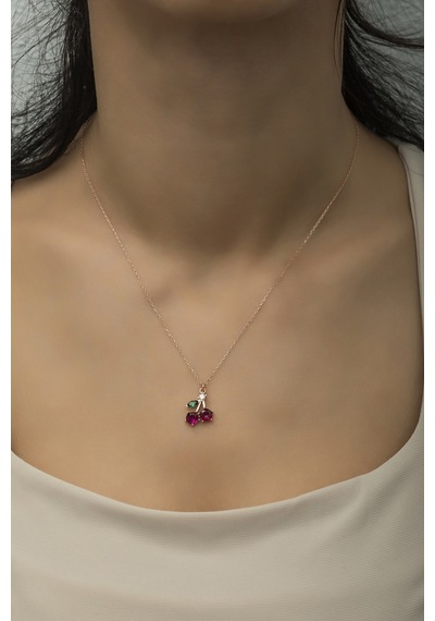 Nereze 925 Ayar Gümüş Rose Zirkon Taşlı Kiraz Kolye