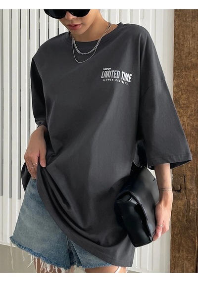 Flood Of Style Kadın Füme Oversize Limited Time Baskılı Tshirt Gri
