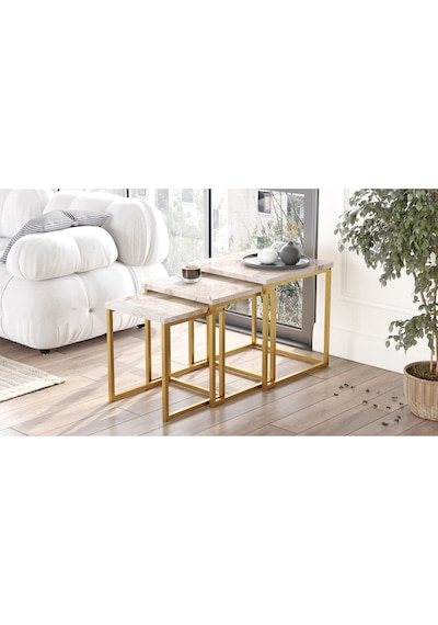 Atlantis 3'lü Gold Metal Zigon Sehpa Mermer Desen Atl7-ge Beyaz