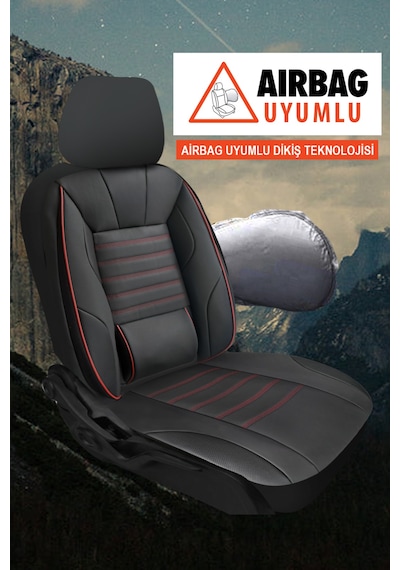 Stone Üniversal Deri Oto Koltuk Kılıfı - Bel Destekli - 5 Koltuk Tam Set Kırmızı