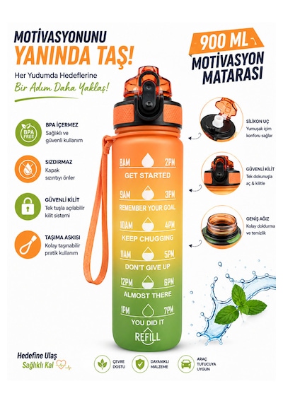 900 Ml Motivasyon Matarası Sızdırmaz, Kilitli, Silikon Uçlu, Taşıma Askılı, Geniş Ağızlı Su Matarası Turuncu