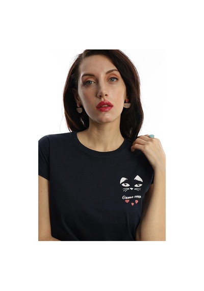 Kadın Game Over Kedi Baskılı Tişört Lacivert