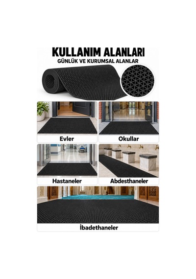 Hortumtech Zmat Yıldız Paspas Kaydırmaz Pvc Islak Zemin Duş Havuz Su Tahliyesi 5 Mm - Siyah 120 X 650 Cm
