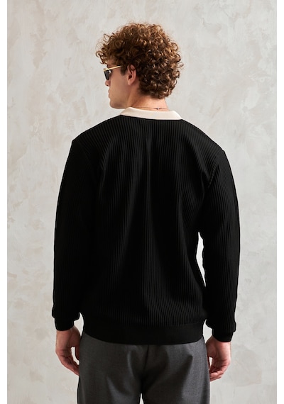 Erkek Polo Yaka Nopeli Oversize Triko Kazak Siyah