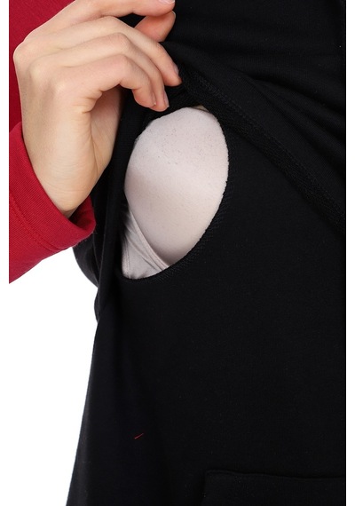 Luvmabelly Myra4525 Bordo&siyah Parçalı Kapüşonlu Ve Cepli Emzirme Sweatshirt