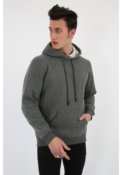 Modish Üç İplik Şardonlu Kapşonlu Düz Erkek Günlük Sweatshirt Antrasit