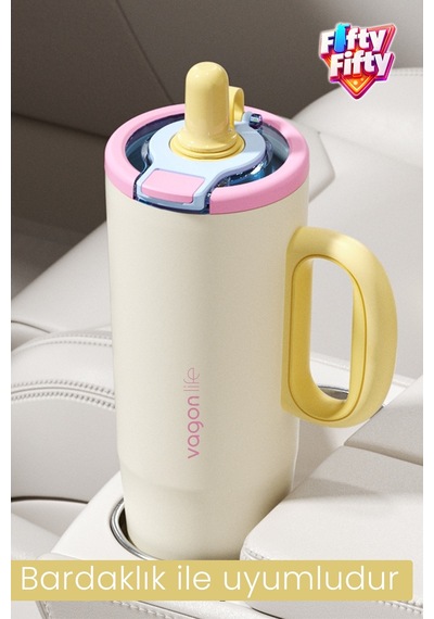 Tumbler 1200 Ml Tek Kapak Çift Kullanım Pipetli Rahat İçim Kulplu Paslanmaz Çelik Termosffvgn1114-1200ml Pembe