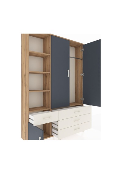 Arges Dolap 5 Raflı 4 Çekmeceli Tek Askılı 132x30x195 Çam-ant... Çam