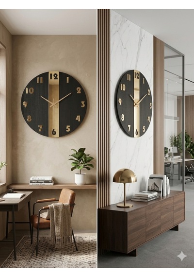 Aevum Model Dekoratif Duvar Saati Ahşap Siyah Üzeri Gold Pleksi Mobilya Renk Desenli Hediyelik Sessiz Duvar Saati 45 Cm Gold - Siyah