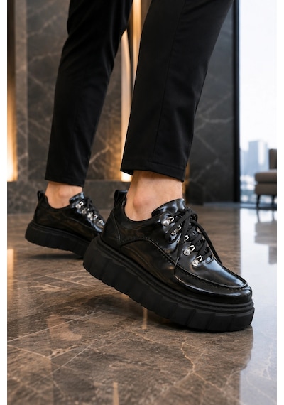 Mevese Duolc Bağcıklı Rugan Erkek Günlük Rahat Taban Sneaker Ayakkabı - Siyah
