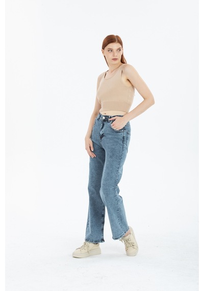 Gri Likralı Süper Yüksek Bel Wide Leg Salaş Jeans Palazzo Pantolon