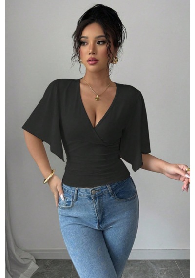 Kadın Kruvaze Yaka Yarasa Kol Likralı Şık T-shirt Siyah
