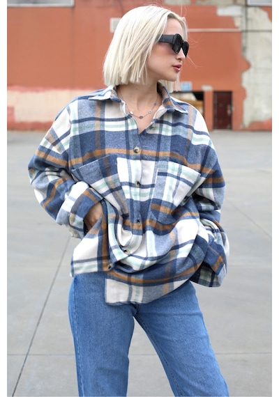 Madmext Lacivert Oversize Kadın Oduncu Gömlek Mg1589