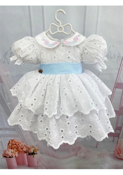 Beyaz Mavi Kemerli Vintage Elbise, Özel Dikim Çocuk Elbisesi, Doğum Günü Elbisesi,0-12 Yaşa Uygun Beyaz