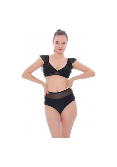 Markahit Argisa Düz Fırfırlı Yüksek Bel Yeni Bikini Siyah