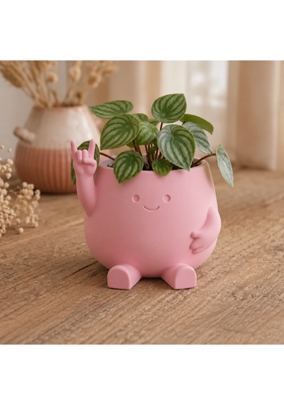 3d Baskı Smiley Face Planter - Gülümseyen Karakterli Saksı-pembe