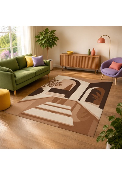 Kartela Halı Avlu Mimari Desenli Modern Halı Bakır Kaymaz Taban Makinede Yıkanabilir 120x180 Cm