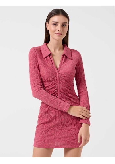 Pembe Dar Kesim Polo Yaka Uzun Kollu Desenli Mini Elbise Fuşya