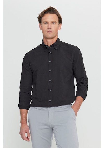 Erkek Sıyah Slim Fit Dar Kesim Düğmeli Yaka Pamuklu Oxford Gömlek Siyah
