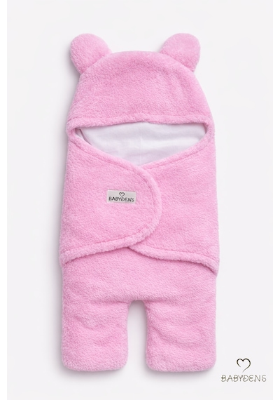 Babyden's 0-12 Ay Welsoft Peluş Bebek Dış Kundak Uyku Tulumu Ayıcık Kulaklı İçi %100 Pamuk Astarlı Battaniye Pembe