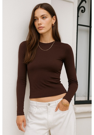 Rich Kadın Kahverengi Bisiklet Yaka Esnek Kumaşlı Vücuda Oturan Slim Fit Uzun Kollu Crop Body Kahverengi