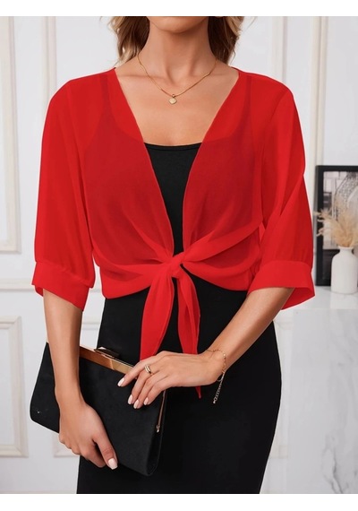 Defymoda Kadın Truvakar Kollu Önden Bağlamalı Kısa Şifon Bolero Ceket Kırmızı