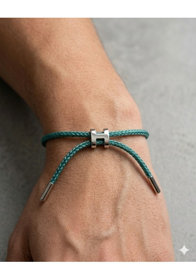 Unisex H Model Silver Renk Çelik Detay Orman Yeşili İp Bileklik Yeşil
