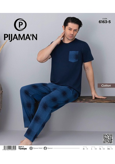 Pijamoni Erkek Bisiklet Yaka Kısa Kol İnce Pijama Takımı 6163/5 - 1 Adet Lacivert