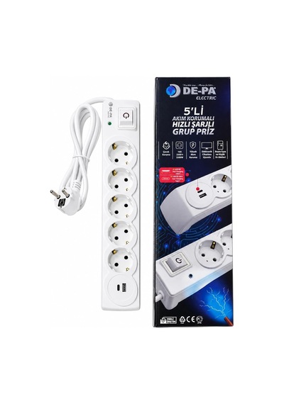 De-pa 5'li Akım Korumalı Grup Priz 1,5 Metre Kablolu, 25w Pd Type-c Ve Qc 3.0 Usb Hızlı Şarj, 16a 3500w, Anahtarlı, Çocuk Korumalı Topraklı Uzatma Prizi