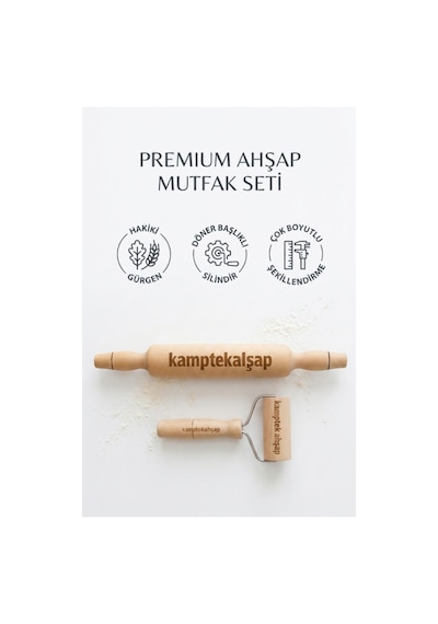 Kamptek Ahşap 2 Li Mutfak Merdane Seti Doğal Ve Ergonomik 35 Cm Düz Ve Rolo Merdane