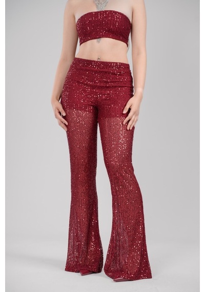 Mayrem Pul Payet Straplez Crop & İspanyol Paça Set Takım Bordo